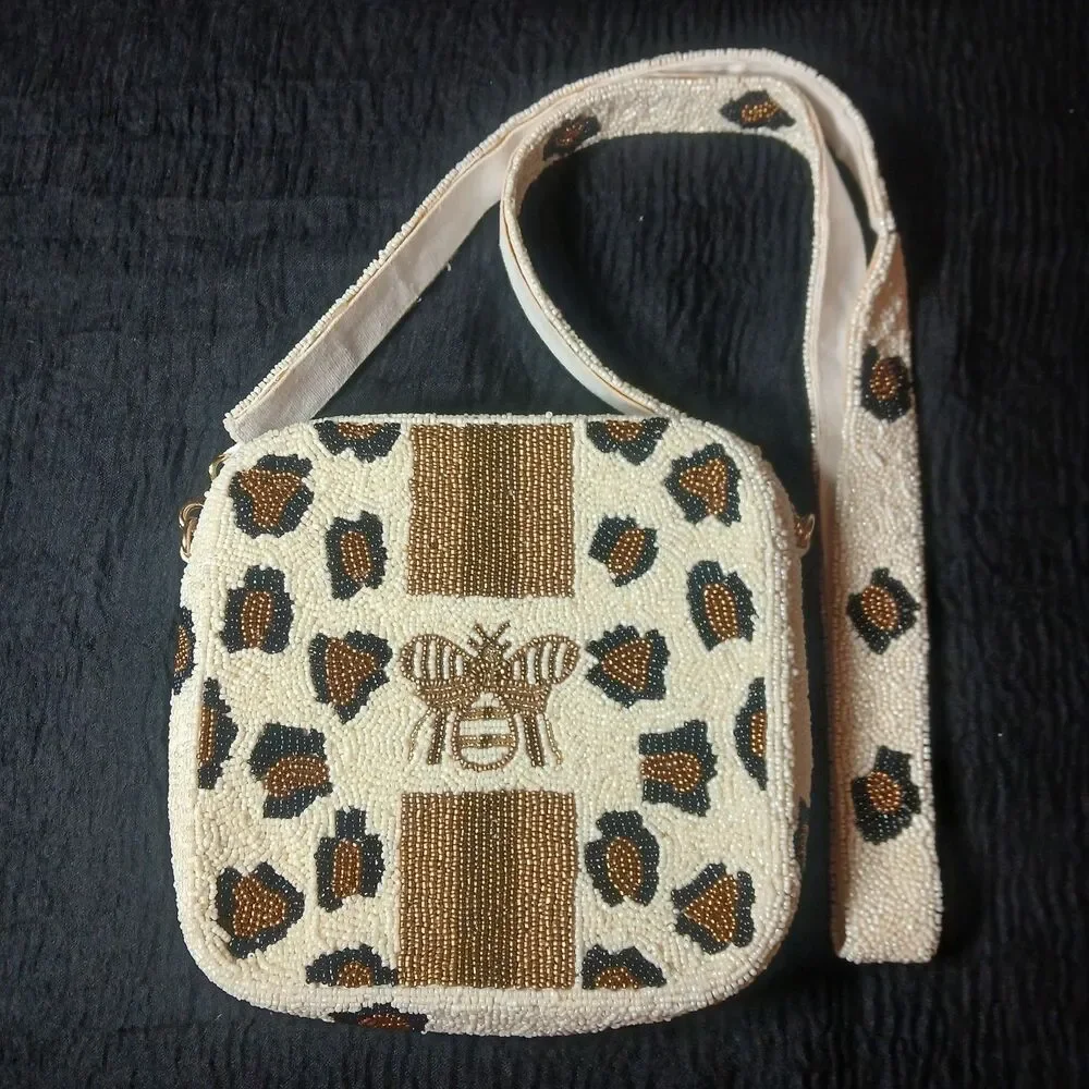 Beaded Bee And Leopard Crossbody Statement Bag 7.5